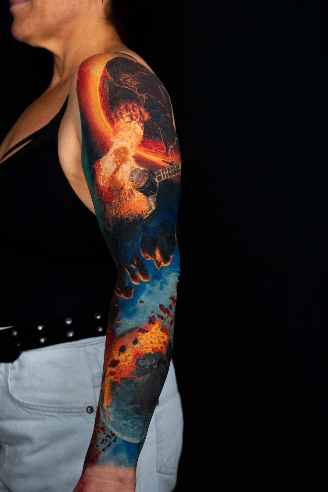 Colour full arm sleeve of a space telescope before an exploding star and drifting debris